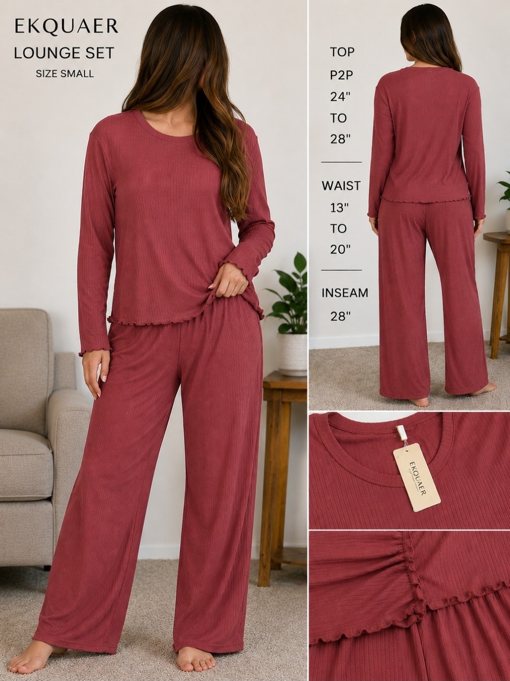Women's Ribbed Lounge Set in Burgundy (Long Sleeve Top & Wide-Leg Pants)